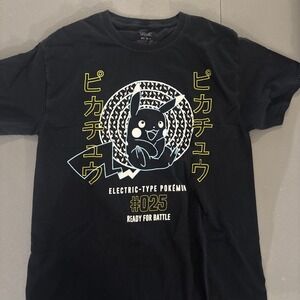 Pokemon Pikachu #025 Number 25 Japanese Text T-shirt Black Size Medium M